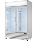 XD1201 1200 Ltr Upright Double Hinged Glass Door White Display Fridge With Canopy