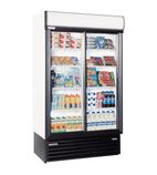 SD1140 890 Ltr Upright Double Sliding Glass Door White Display Fridge With Canopy