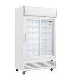 G-Series GE581 950 Ltr Upright Double Sliding Glass Door White Display Fridge With Canopy