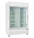 XD1201S 1200 Ltr Upright Double Sliding Glass Door White Display Fridge With Canopy